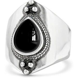 A01_Black Agate Retro Sterling Silver Waterdrop Natural Stone Boho Ring